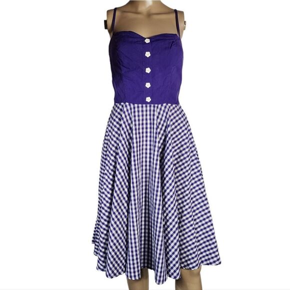 Hell Bunny Purple Checkered Gingham Fit & Flare Pinup Style Midi Dress - Picture 10 of 11